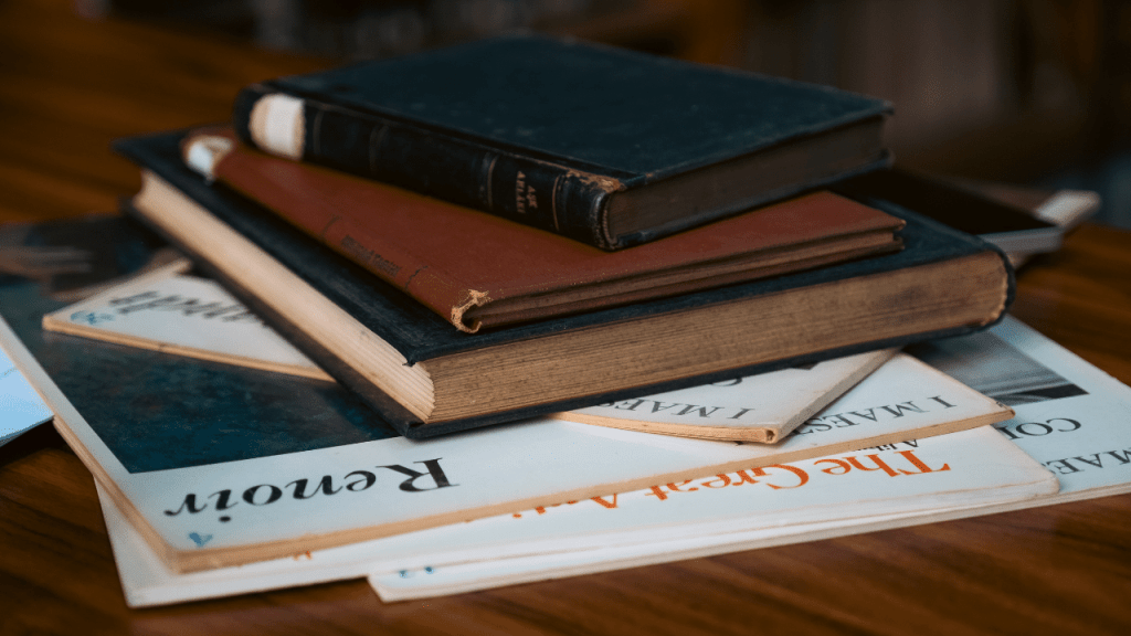 Old books and magazines with different paper textures